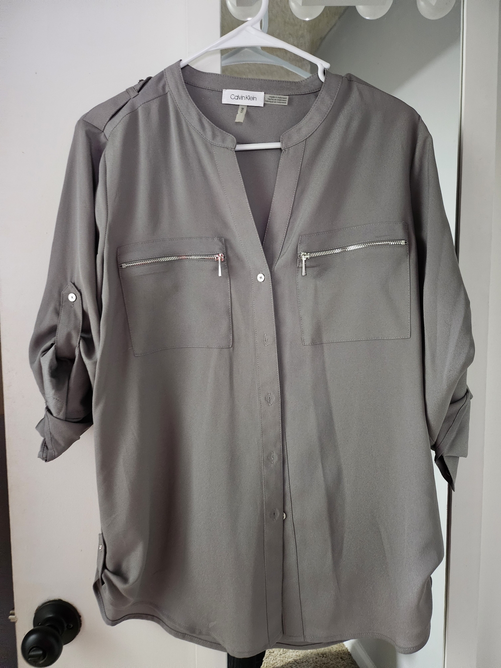 Calvin Klein Women's Gray Button-Front  Blouse with Zip Pockets